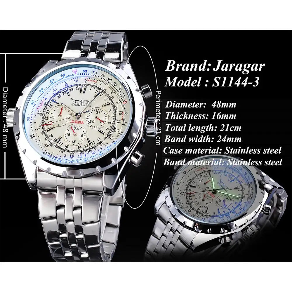 Jaragar White Dial Automatic Watch Complete Calendar Silver Stainless Steel Luminous Business Sport Mechanical Date Wristwatch