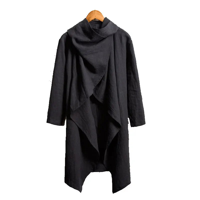 Men's Retro Jackets Trench Windbreaker Casual Cotton Solid Color Scarf Collar Irregular Long Sleeve Cloak Loose Stylish New