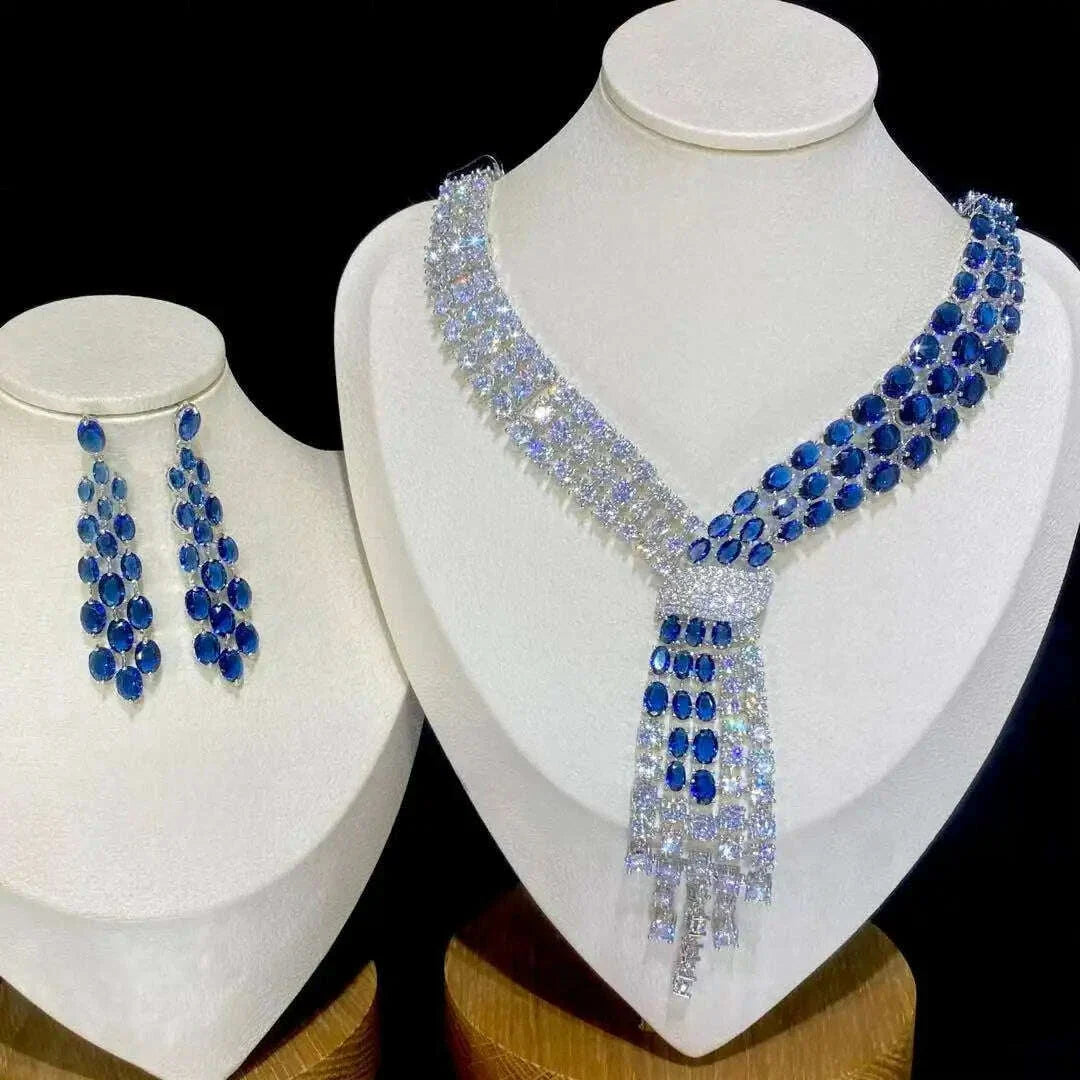 ASNORA - Luxury Blue 2 Piece Tassel Necklace Cubic Zircon Jewelry Set Women Wedding European Party Jewelry Set X0140