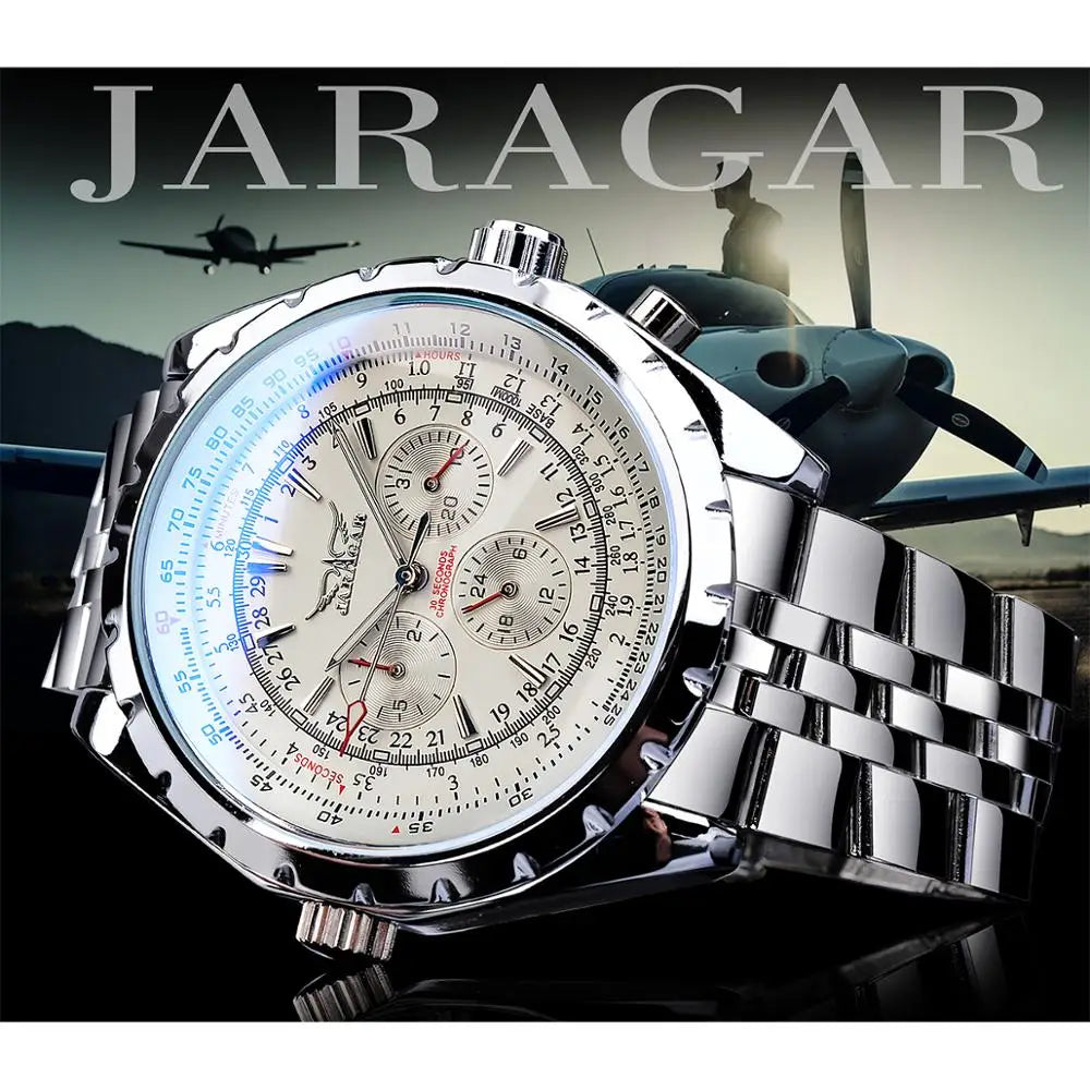 Jaragar White Dial Automatic Watch Complete Calendar Silver Stainless Steel Luminous Business Sport Mechanical Date Wristwatch