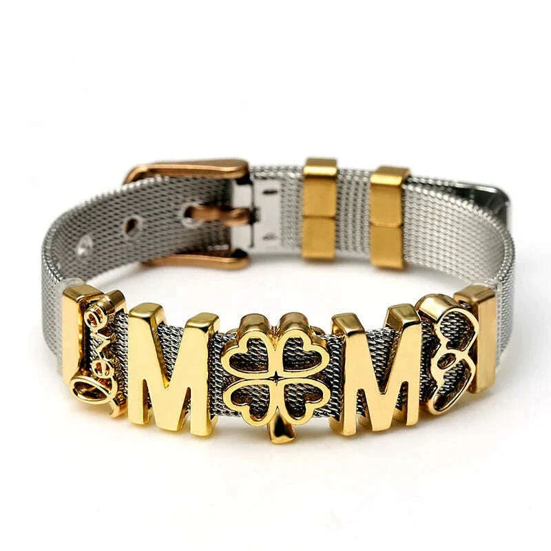 DINGLLY Two-tone Stainless Steel Mesh Bracelets For Women Men Love Heart Beaded 10mm Ribbon Mesh Bracelet & Bangle Gifts