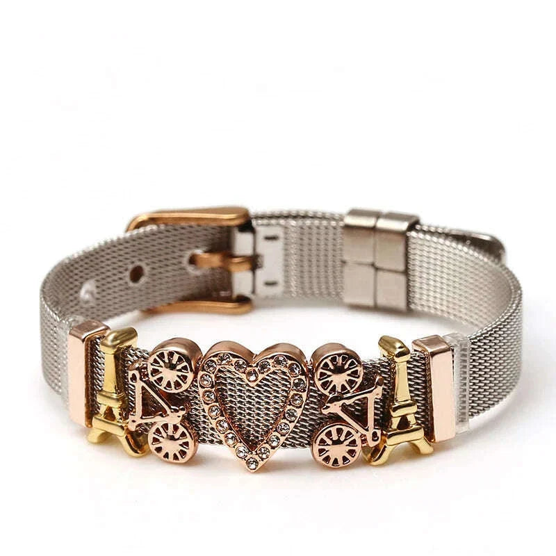DINGLLY Two-tone Stainless Steel Mesh Bracelets For Women Men Love Heart Beaded 10mm Ribbon Mesh Bracelet & Bangle Gifts