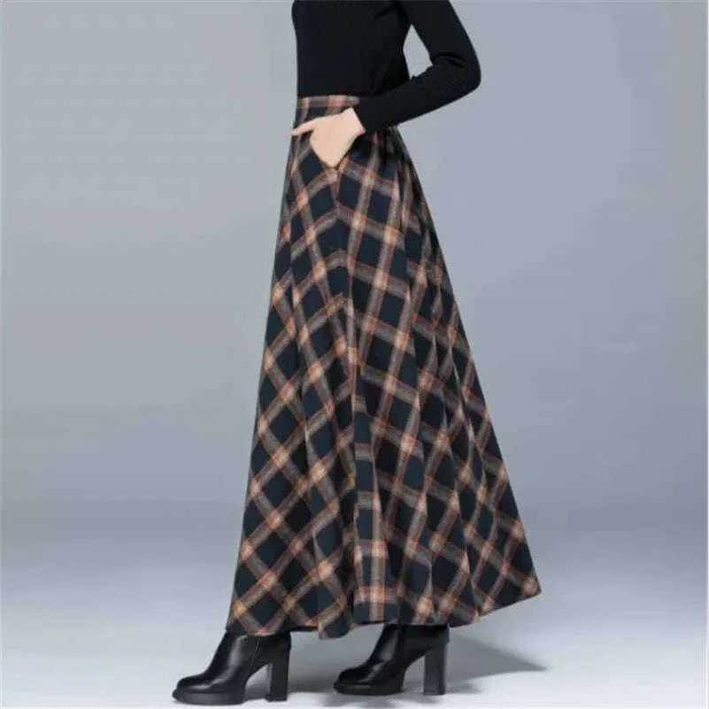 Mom High Waist Woolen plaid Skirts 2022 Autumn Winter Women's 3XL Wool Maxi Skirts Female Fashion Casual Long Streetwear