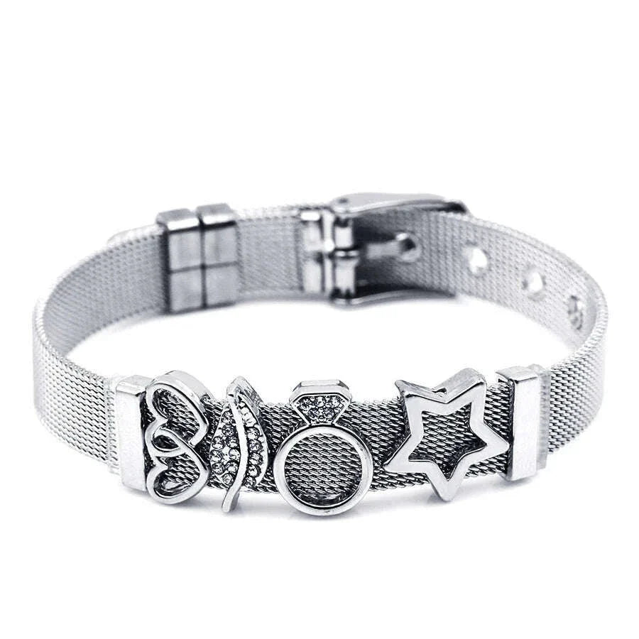 DINGLLY Two-tone Stainless Steel Mesh Bracelets For Women Men Love Heart Beaded 10mm Ribbon Mesh Bracelet & Bangle Gifts