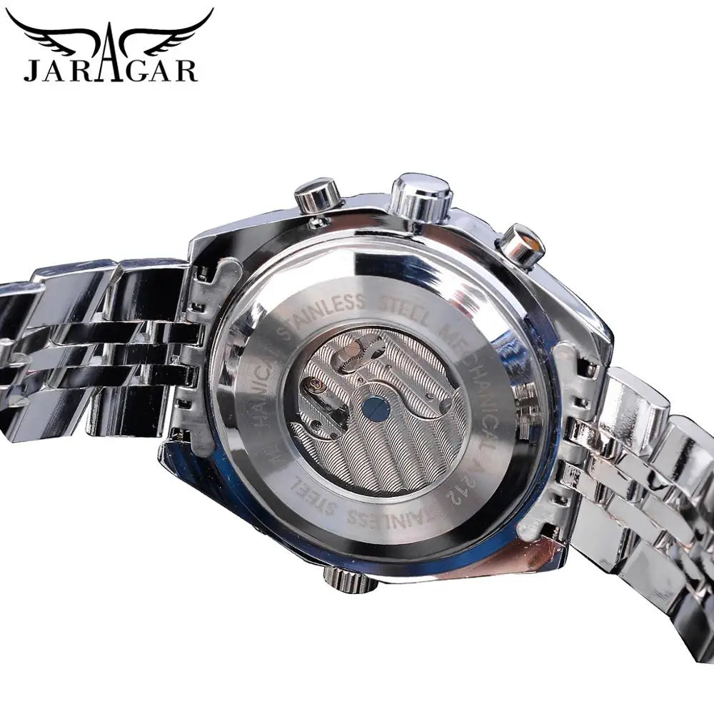 Jaragar White Dial Automatic Watch Complete Calendar Silver Stainless Steel Luminous Business Sport Mechanical Date Wristwatch