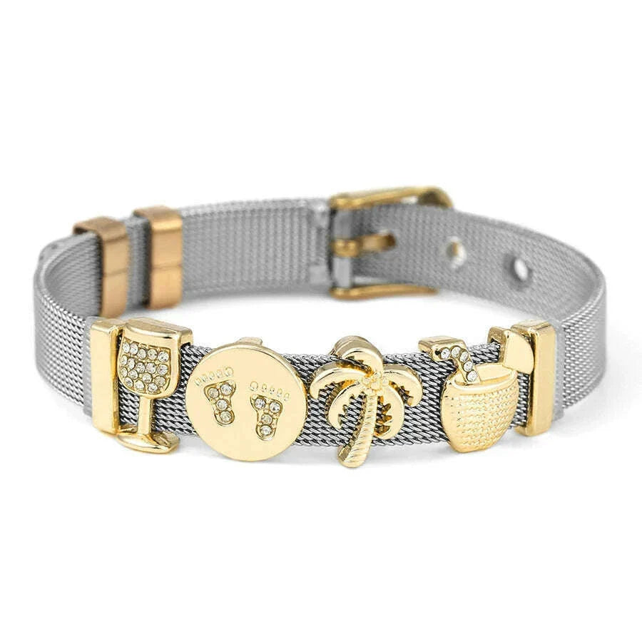 DINGLLY Two-tone Stainless Steel Mesh Bracelets For Women Men Love Heart Beaded 10mm Ribbon Mesh Bracelet & Bangle Gifts