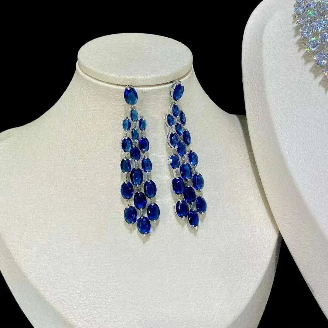 ASNORA - Luxury Blue 2 Piece Tassel Necklace Cubic Zircon Jewelry Set Women Wedding European Party Jewelry Set X0140