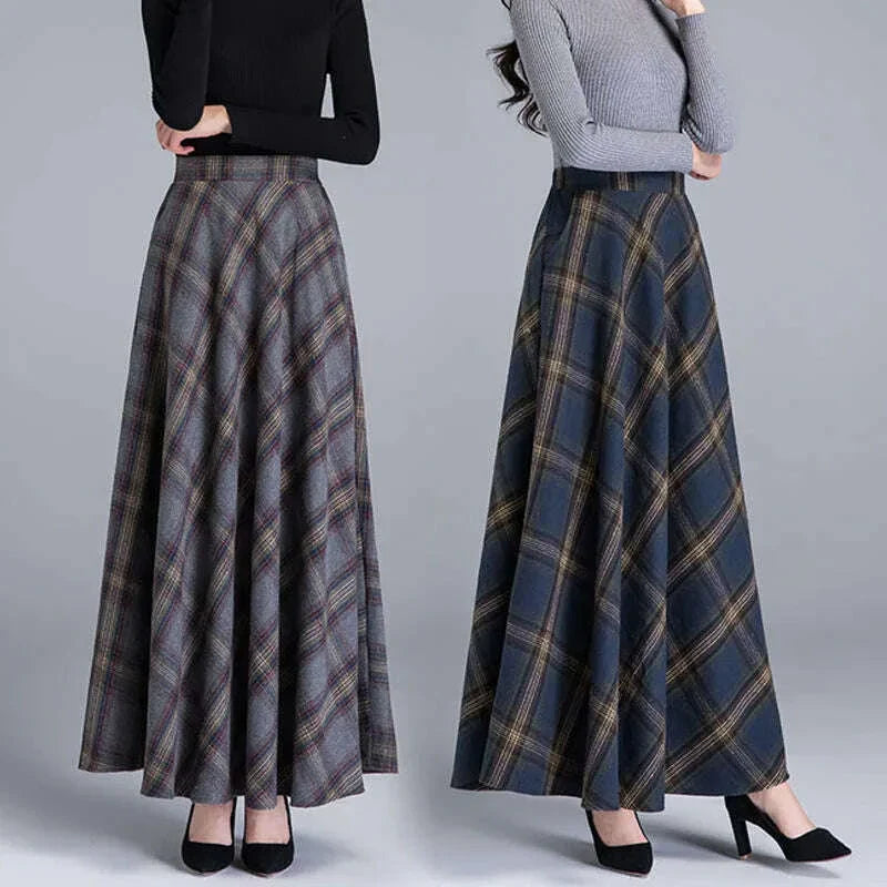 Mom High Waist Woolen plaid Skirts 2022 Autumn Winter Women's 3XL Wool Maxi Skirts Female Fashion Casual Long Streetwear