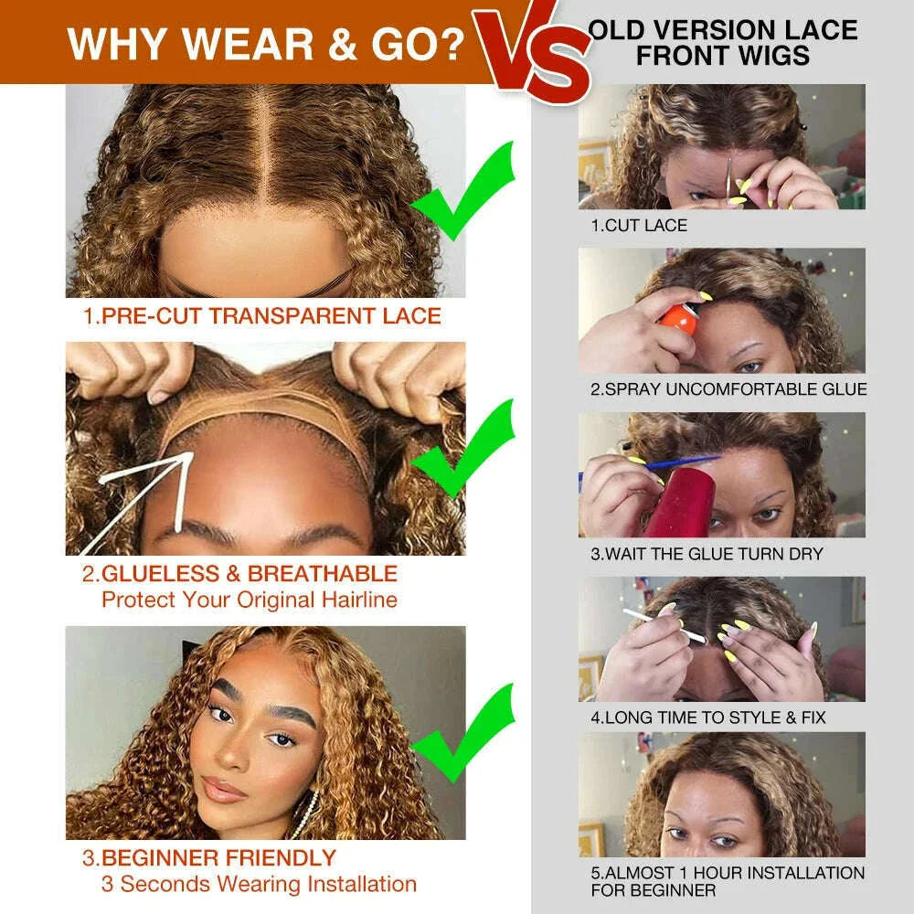 Deep Wave Honey Blonde Glueless Wigs 100% Human Hair Pre Cut Highlight Wear and Go Curly Wigs for Women Ombre HD Lace Front Wig