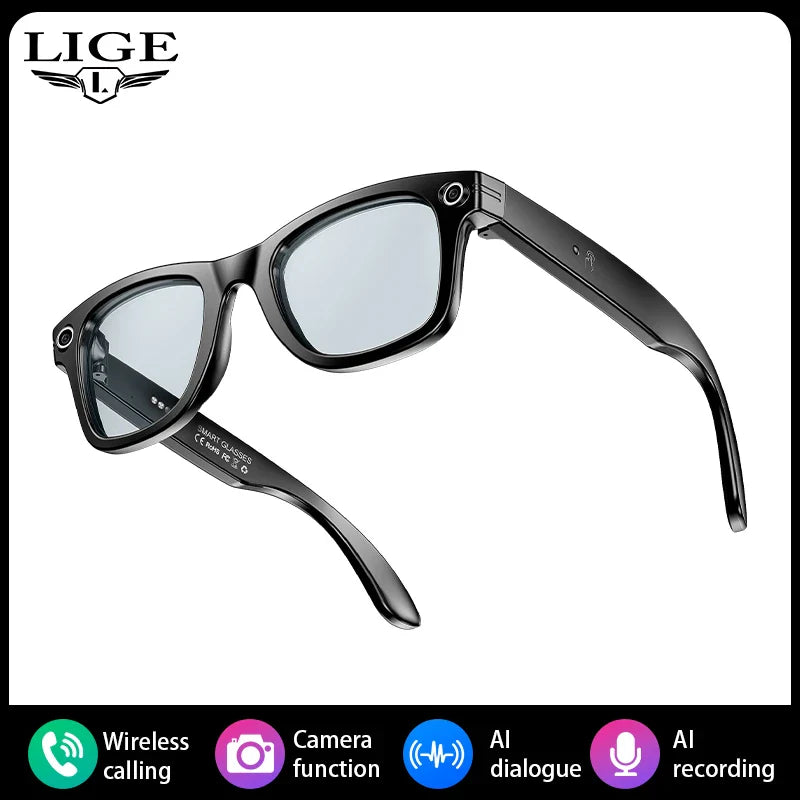 LIGE Smart Glasses 100W Pixel Camera Smart Glasses Camera Bluetooth Call Music Sunglasses AI Voice Assistant Video Sound Record