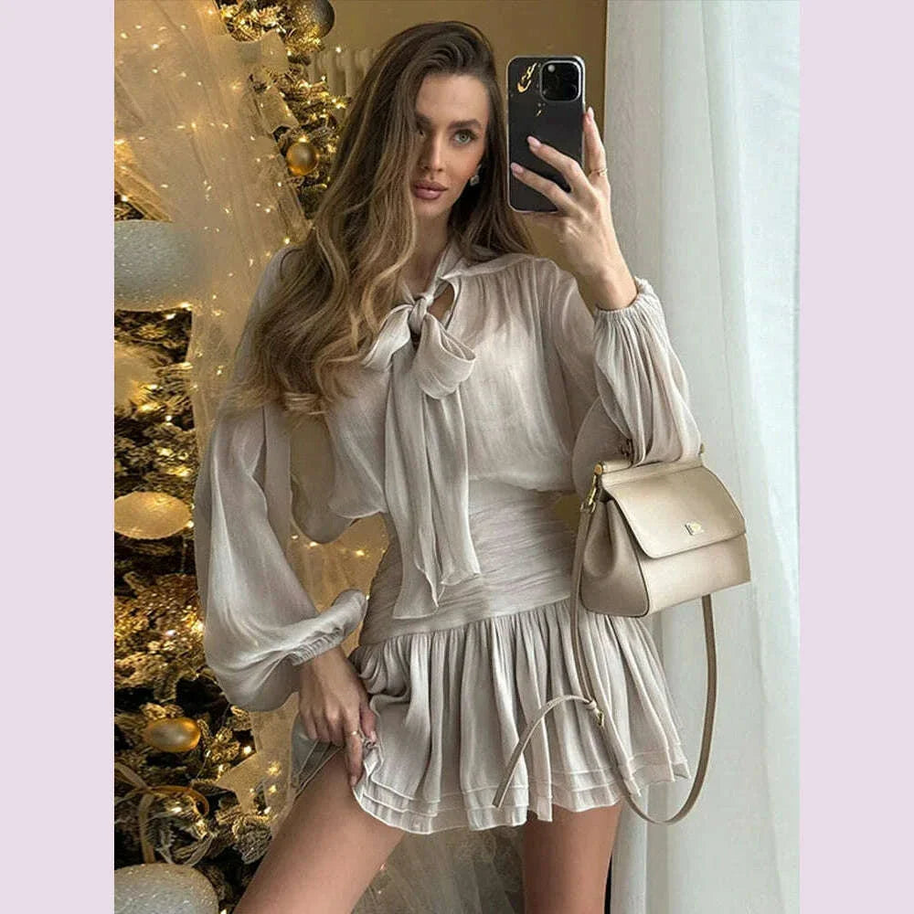 Bow Lace Up Top Pleated Short Skirt Two Piece Sets Casual Fashion Shirt Glitter Blouse High Waist Half Skirts Women's Clothing