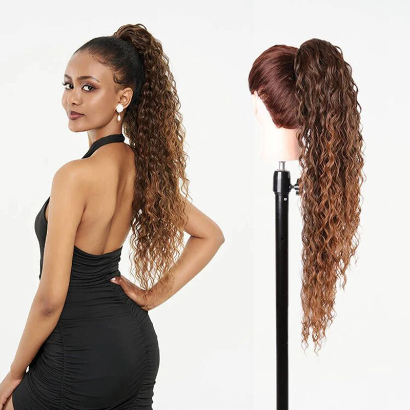 Julianna Synthetic Kanekalon Black Drawstring Water Wave Ponytail Extension Female Curly Wavy Clip In Ponytail Hair Extension
