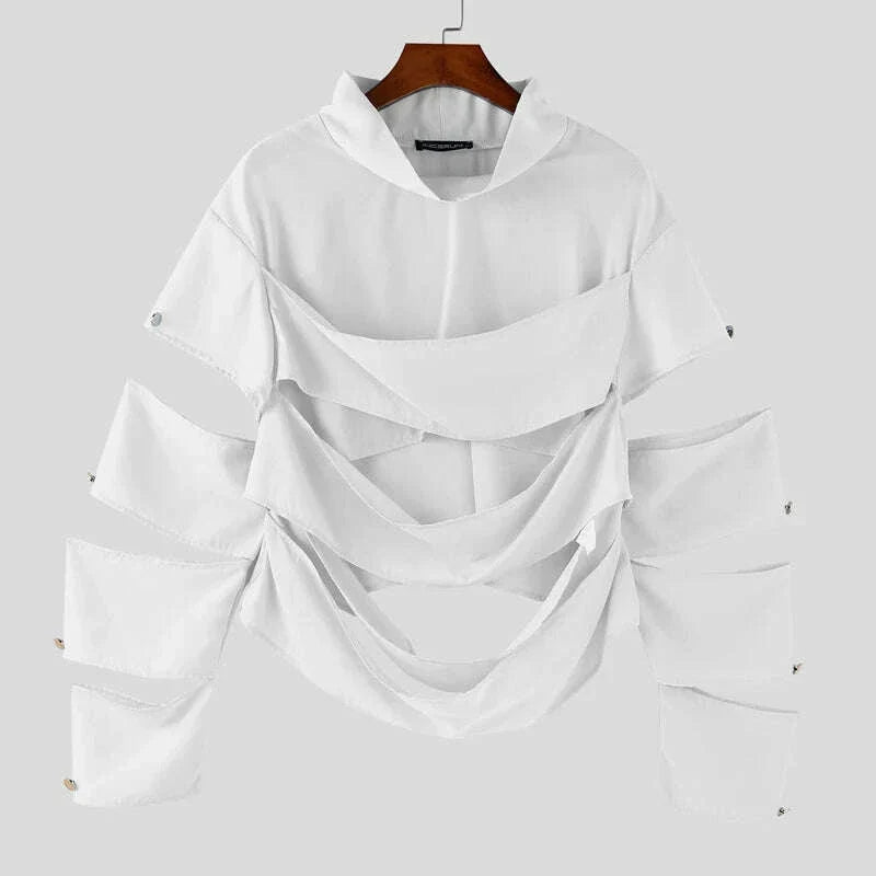 INCERUN Men Irregular T Shirts Solid Color Turtleneck Long Sleeve Hollow Out Men Clothing Streetwear 2025 Fashion Sexy Camisetas