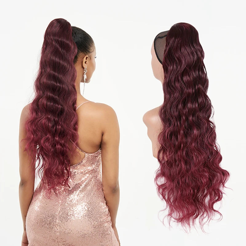 Julianna Synthetic Kanekalon Black Drawstring Water Wave Ponytail Extension Female Curly Wavy Clip In Ponytail Hair Extension