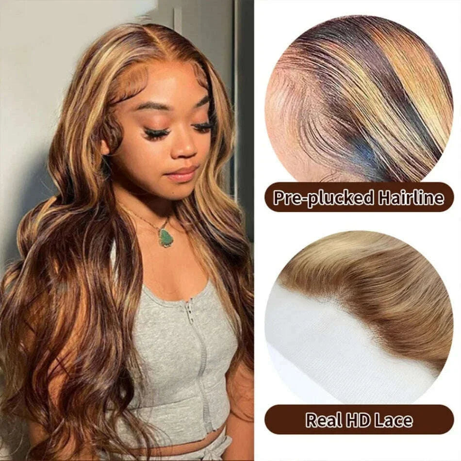Highlight 13x6 Hd Lace Body Wave Frontal Wig Brazilian Colored Highlight Human Hair Wigs For Women 4/27 Blonde Pre Plucked Wigs