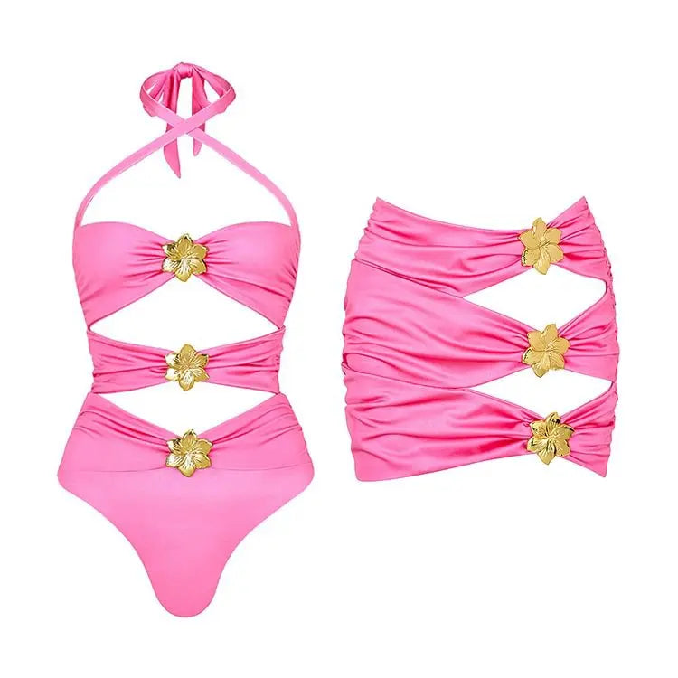 2025 Hot Sale Flower Women One Piece Swimsuit With Skirt Sexy Cut Out Swimwear Mujer Monikini Bathing Suit Lady Beach Suit