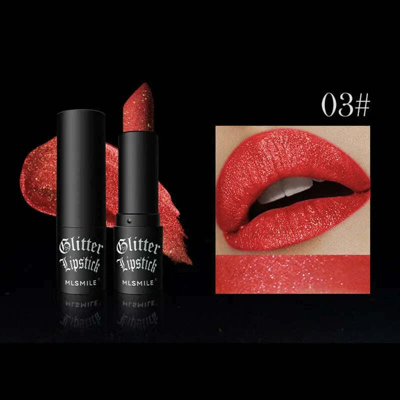 6Colors Glitter Lipstick Waterproof Long Lasting Diamond Pearlescent Metallic Lipstick Black Lipgloss Women Lips Makeup Cosmetic