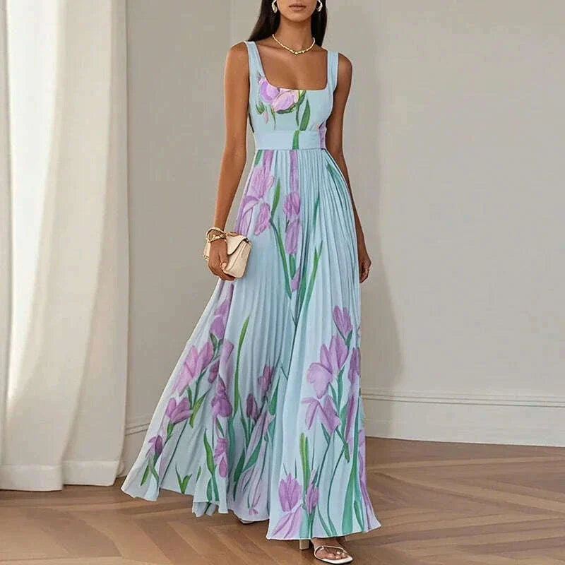 Summer Square Collar Floral Print Fold Dress Womens Sexy High Waist Sling Long Dresses Summer Off Shoulder Hollow Boho Dresses
