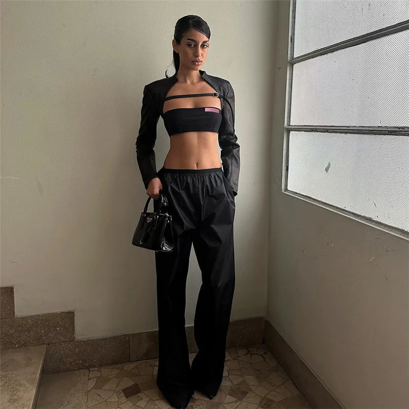 BOOFEENAA Crop PU Leather Jacket Women with Tube Top Two Piece Set Streetwear Fashion Black Coats Winter Clothes C71-CH22