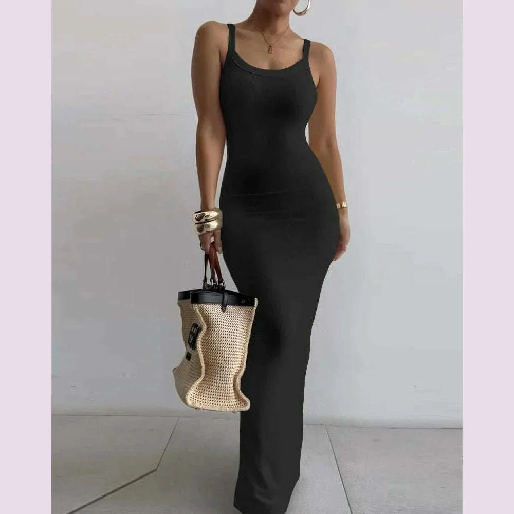 2025 Women s Sleeveless Strap O neck Sexy Belt Colorful Printed Long Skirt Evening Dress Y2k Sleeveless Solid Color Tight Fit