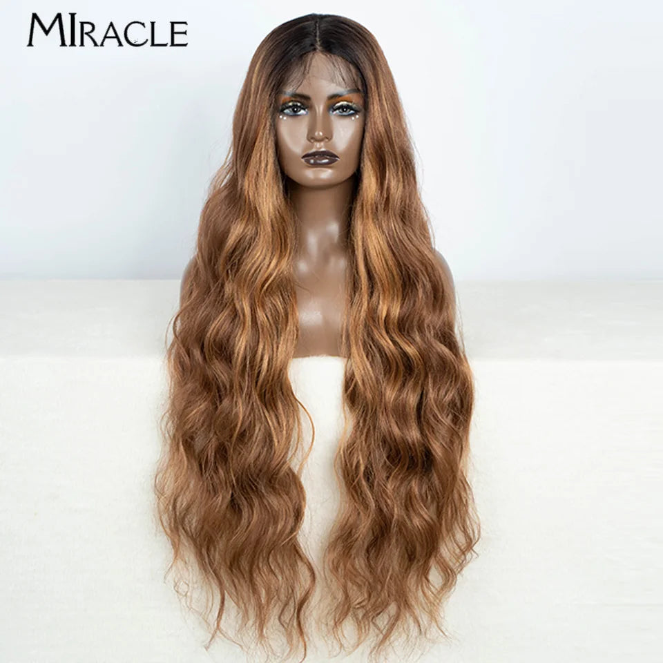 MIRACLE Synthetic 34 Inch Lace Front Wig for Women Ombre Blonde Loose Wave Wigs Famale Cosplay Wig Long Lace Wigs Wavy Fake Hair
