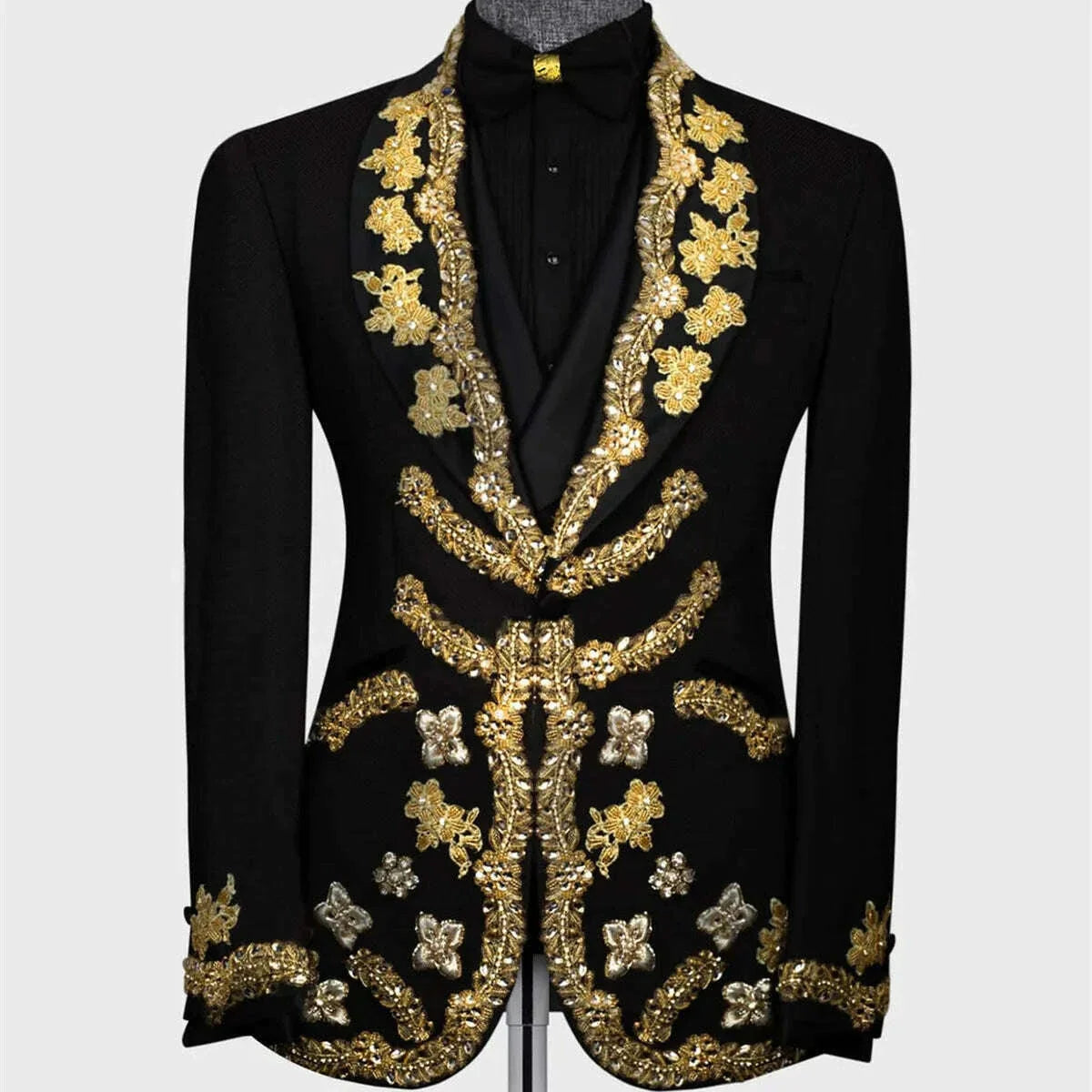 Luxury Men's Suits Tailored 2 Pieces Blazer Pants One Button Wedding Sheer Lapel Gold Appliques Diamonds Custom Made Plus Size