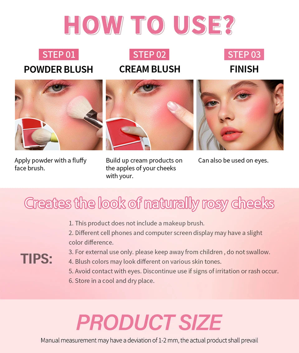 Cream&Powder Blush Palette Natural Long-lasting High Pigment Blush Makeup Contour Powder Beauty Peach Pink Korean Makeup Blush