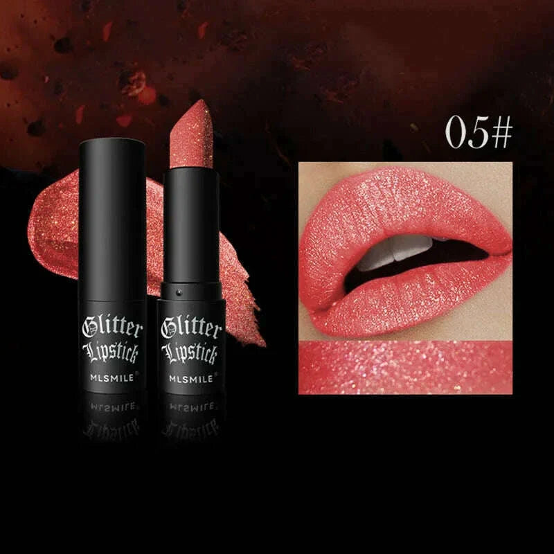 6Colors Glitter Lipstick Waterproof Long Lasting Diamond Pearlescent Metallic Lipstick Black Lipgloss Women Lips Makeup Cosmetic