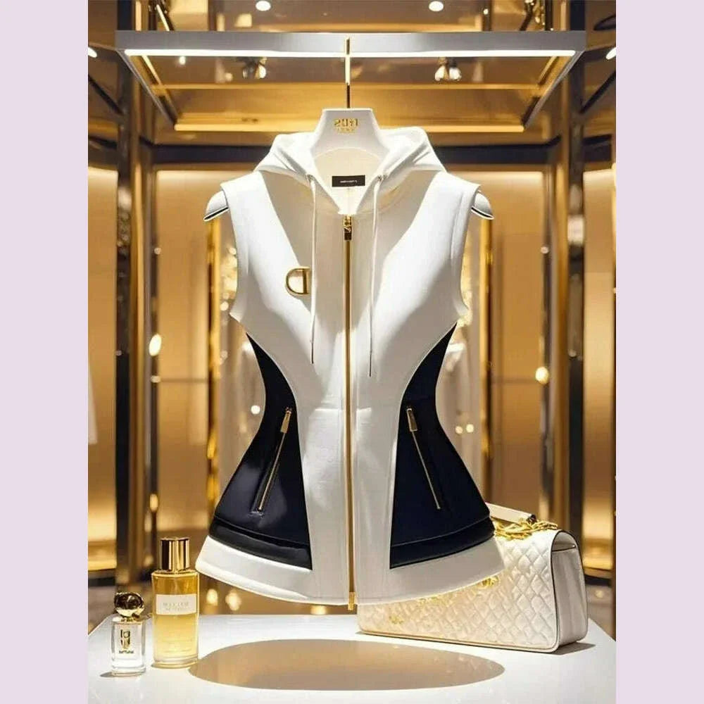 New Spring French Elegant High End Hooded Vest Coat Women Contrast Color Zipper Slim Jacket Temperament Ladies Causal Outwear
