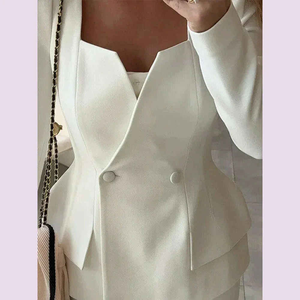 Elegant BlazerCoat Skirt Set Women Double Breasted Square Collar Slim Jacket And Midi Skirts Suits 2 Pieces Office Chic Outfits
