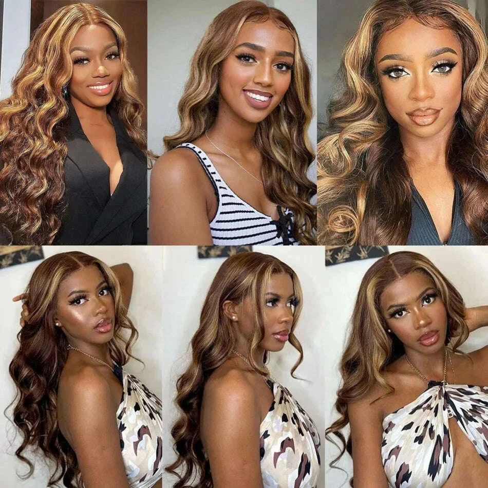 Highlight 13x6 Hd Lace Body Wave Frontal Wig Brazilian Colored Highlight Human Hair Wigs For Women 4/27 Blonde Pre Plucked Wigs