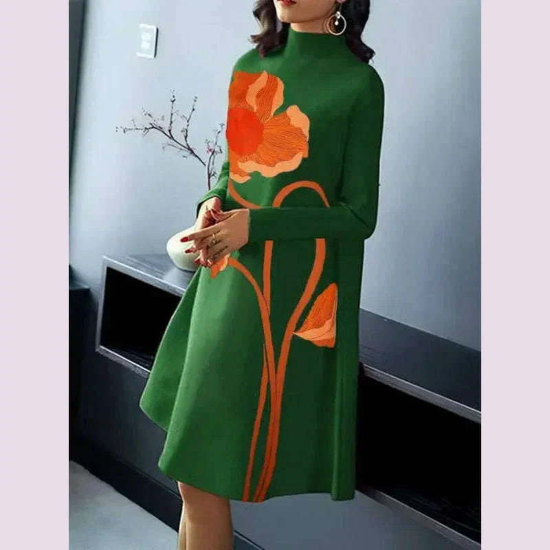 Gymystars Flower Print Midi Dresses Urban Long Sleeves Dress for Women Casual Loose A-Line Zipper High Neck Green Party Dresses
