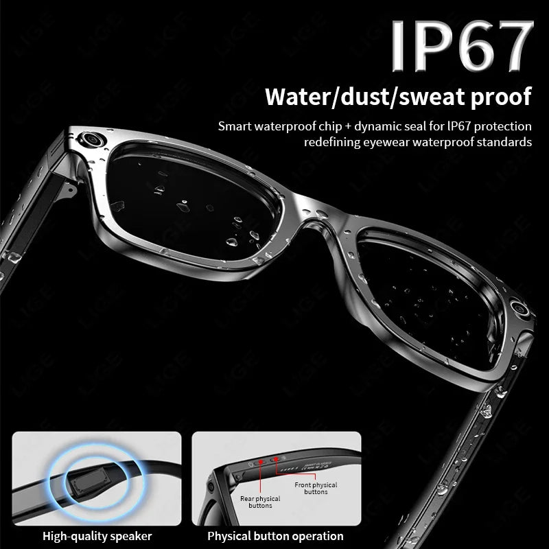 LIGE Smart Glasses 100W Pixel Camera Smart Glasses Camera Bluetooth Call Music Sunglasses AI Voice Assistant Video Sound Record