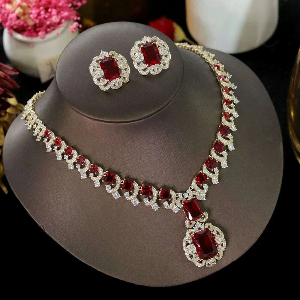 ASNORA New European and American Banquet Jewelry, Heart Earrings Necklace Set Women's Red Zircon Square Pendant