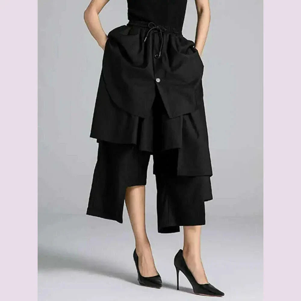 EAM Black Irregular Patch High Elastic Waist Calf-Length Pants New Trousers Women Fashion Tide Spring Autumn 2025 30A3161