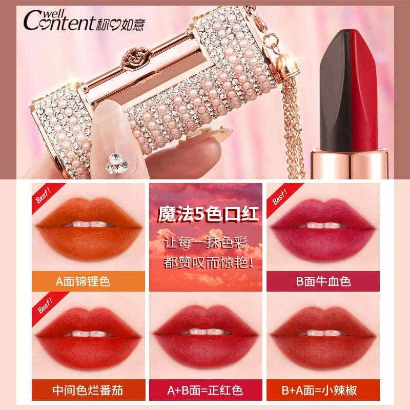 5 In 1 Colors Lipstick Matte Velvet Sexy Red Lip Tint Smooth Long Lasting Waterproof Easy to Wear Magic Lip Makeup for Women
