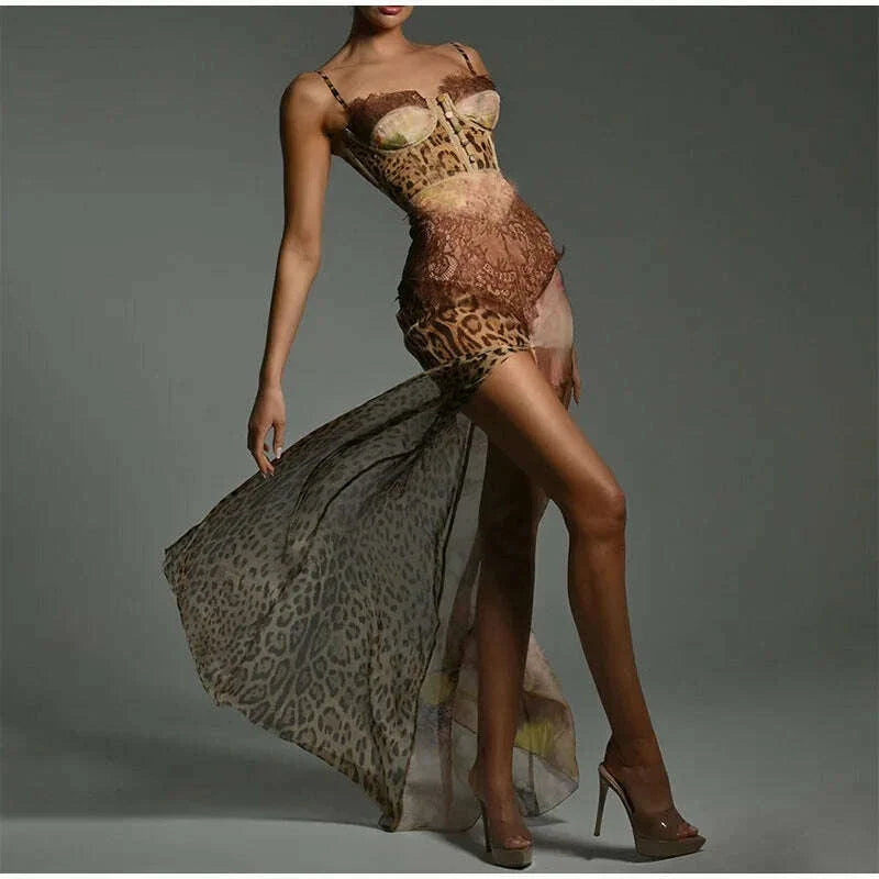 Summer Beach Leopard Print Dress Sexy Lace Split Patchwork Chiffon Dresses Women Elegant Sleeveless Backless Beach Evening Gowns