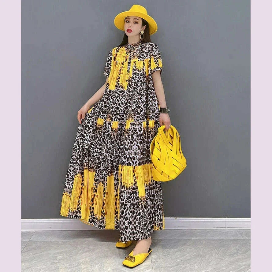 Korean Style Painted Short-Sleeve Casual Loose Big Size Yellow Red Blue Leopard Long Dress Summer Boho Print Dress Robe JJXD071
