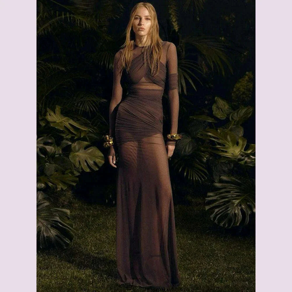 Mozision Mesh Ruched Sexy Maxi Dress For Women Fashion Zipper Patchwork See Through Long Sleeve Elegant Club Party Long Dress