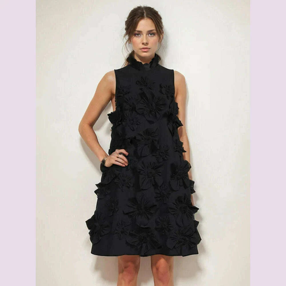 TWOTWINSTYLE Soild Slimming Dresses For Women Stand Collar Sleeveless Patchwork Appliques DesignerDress Female Fashion Clothes