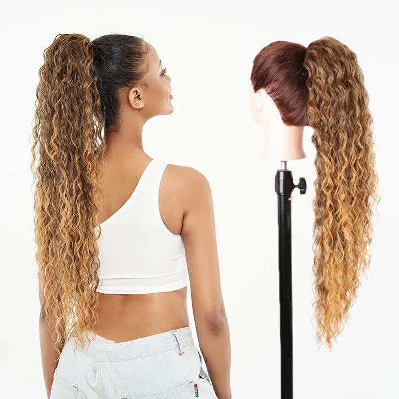 Julianna Synthetic Kanekalon Black Drawstring Water Wave Ponytail Extension Female Curly Wavy Clip In Ponytail Hair Extension