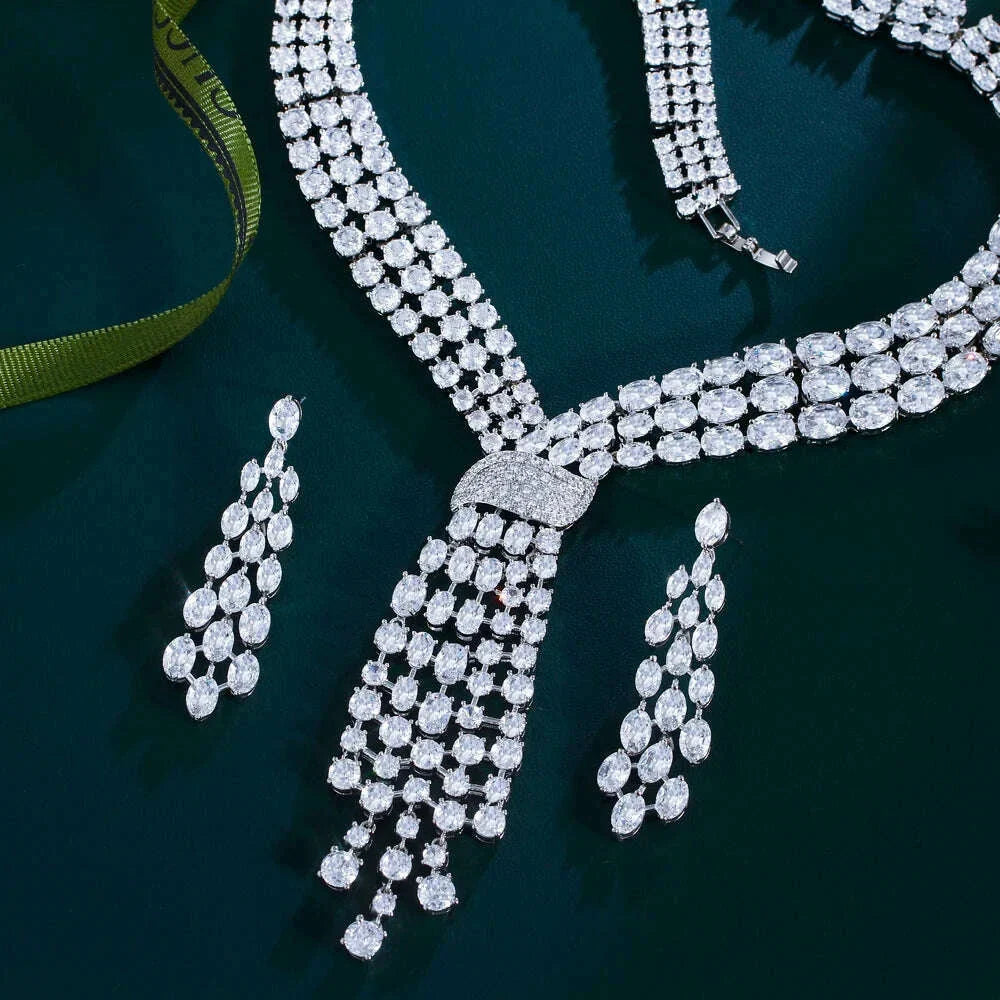 CWWZircons Luxury Dangle Tassel Drop Cubic Zirconia Big Wedding Bridal Party Necklace and Earrings Jewelry Sets for Women T750
