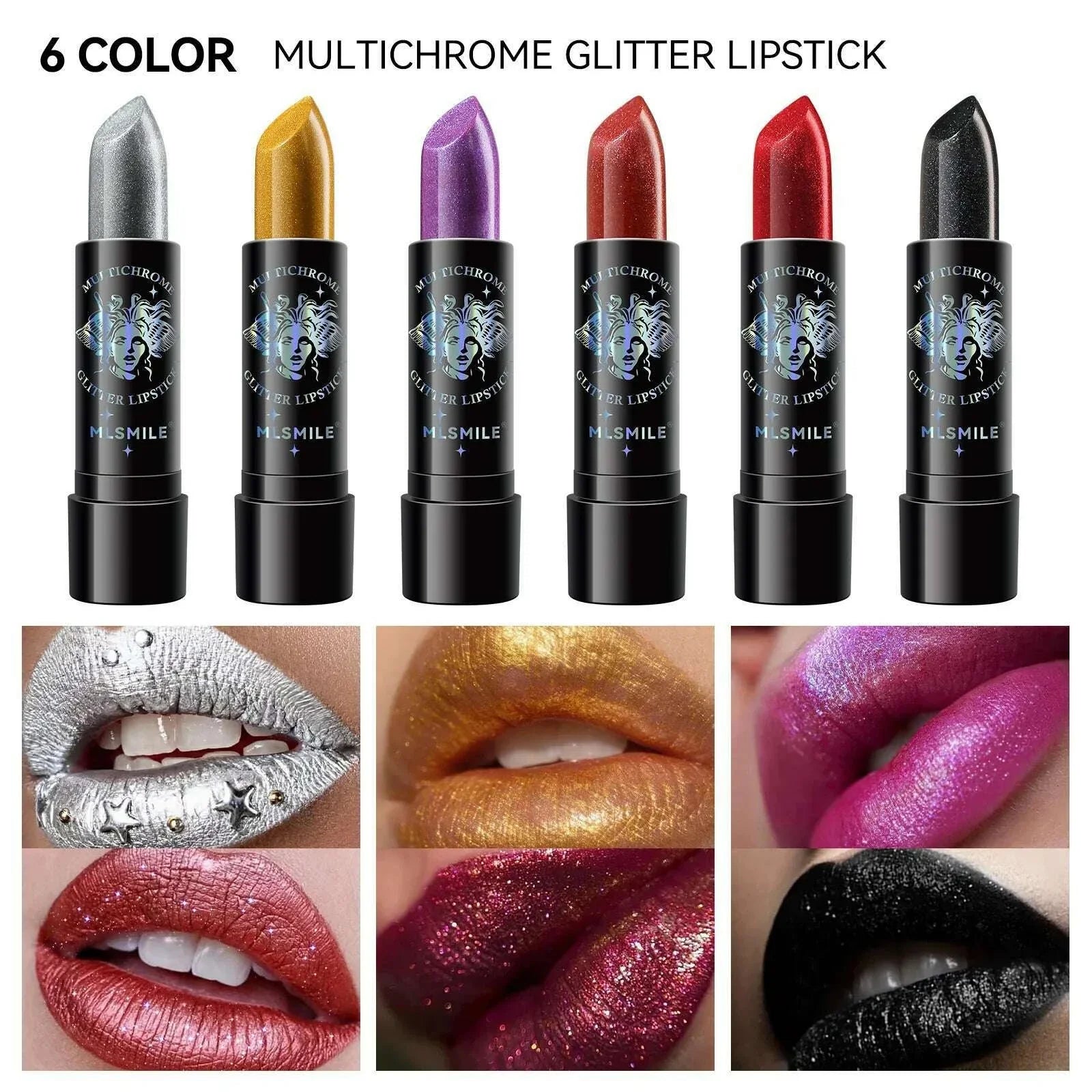 6Colors Glitter Lipstick Waterproof Long Lasting Diamond Pearlescent Metallic Lipstick Black Lipgloss Women Lips Makeup Cosmetic