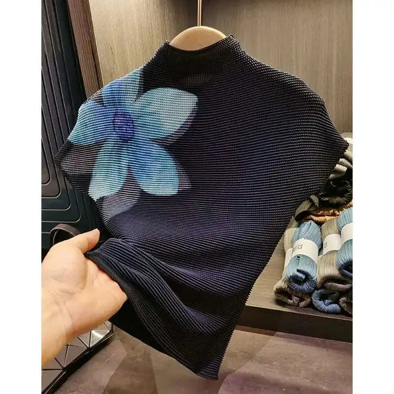 GVUW Pleated Women's T-shirt Slim Fit Gradient Color Stand Collar Short Sleeve Female Casual Comfortable Top 2025 Spring 17J0413