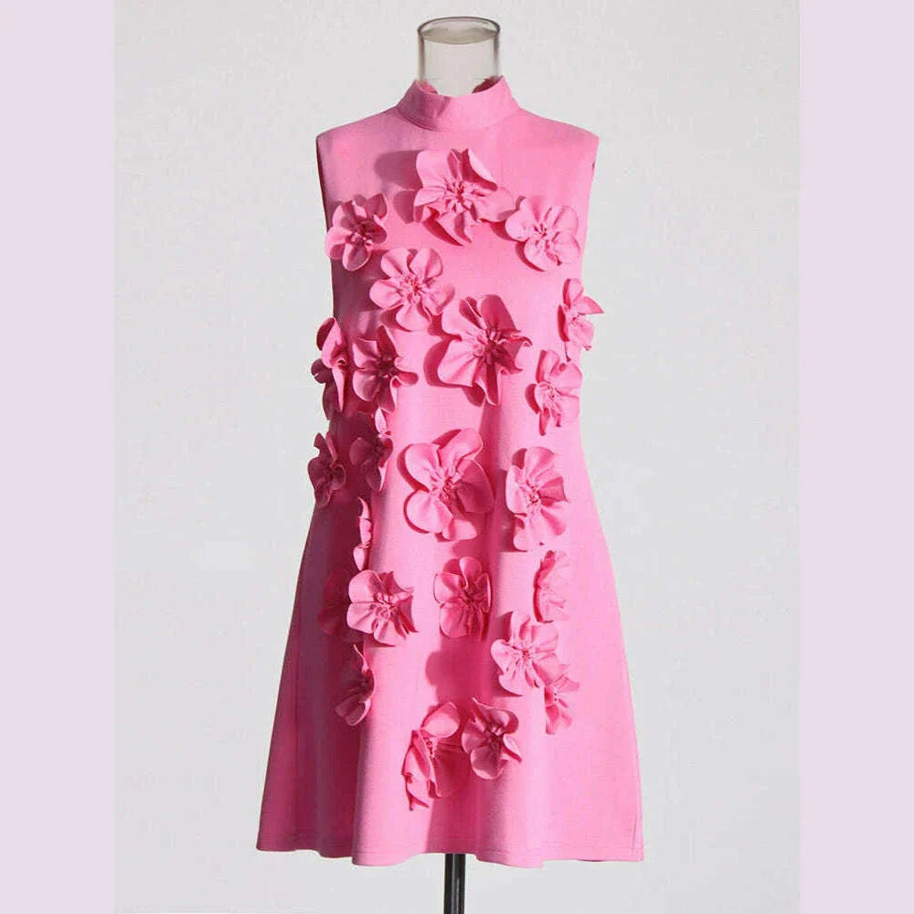 TWOTWINSTYLE Soild Slimming Dresses For Women Stand Collar Sleeveless Patchwork Appliques DesignerDress Female Fashion Clothes
