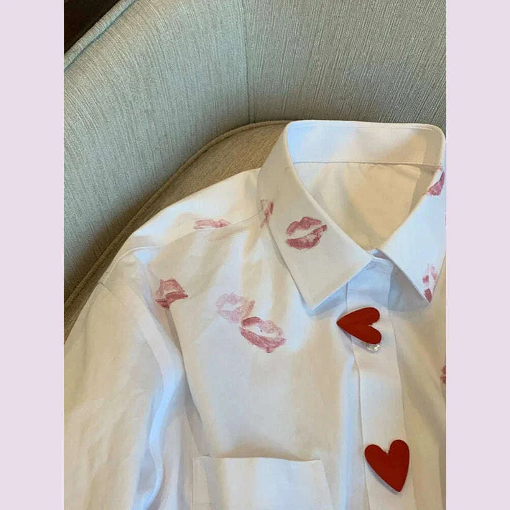 French Style Turn Down Collar Blouse Spring Print Heart Button White Long Sleeve Blusas Harajuku Unisex Loose Lip Shirt Women