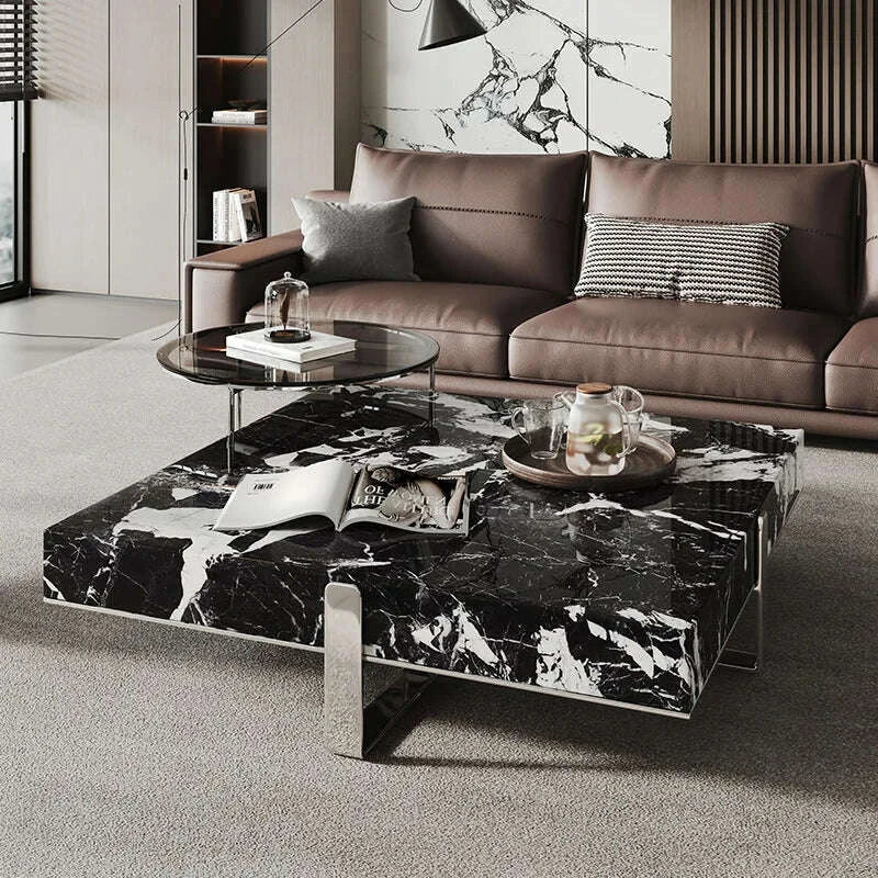 Italian Minimalist Square Coffee Table, Black White Stone Top, Heat-Resistant & Easy Clean, Sturdy Compact Designer Set