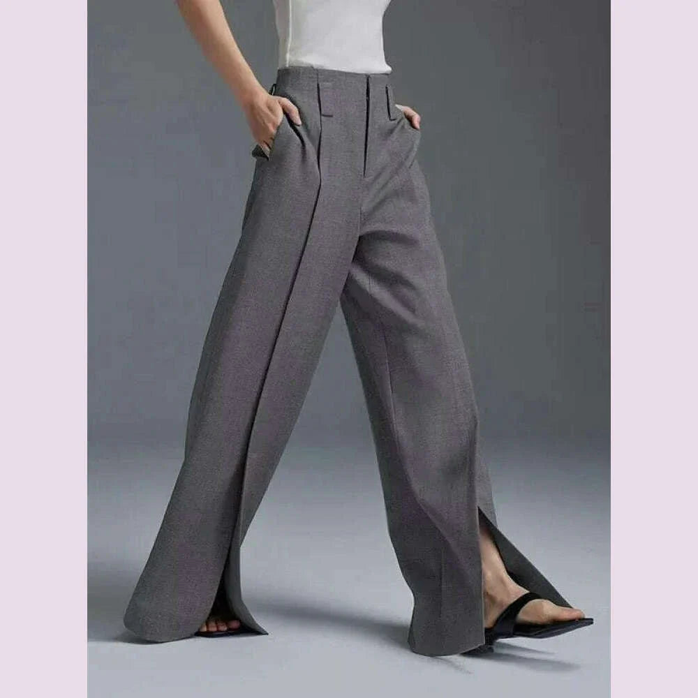Yeezzi Urban Female Suit Pants 2024 New Fashion Black White Color Loose Straight Pant High-Waisted Pleated Split-Front Trousers