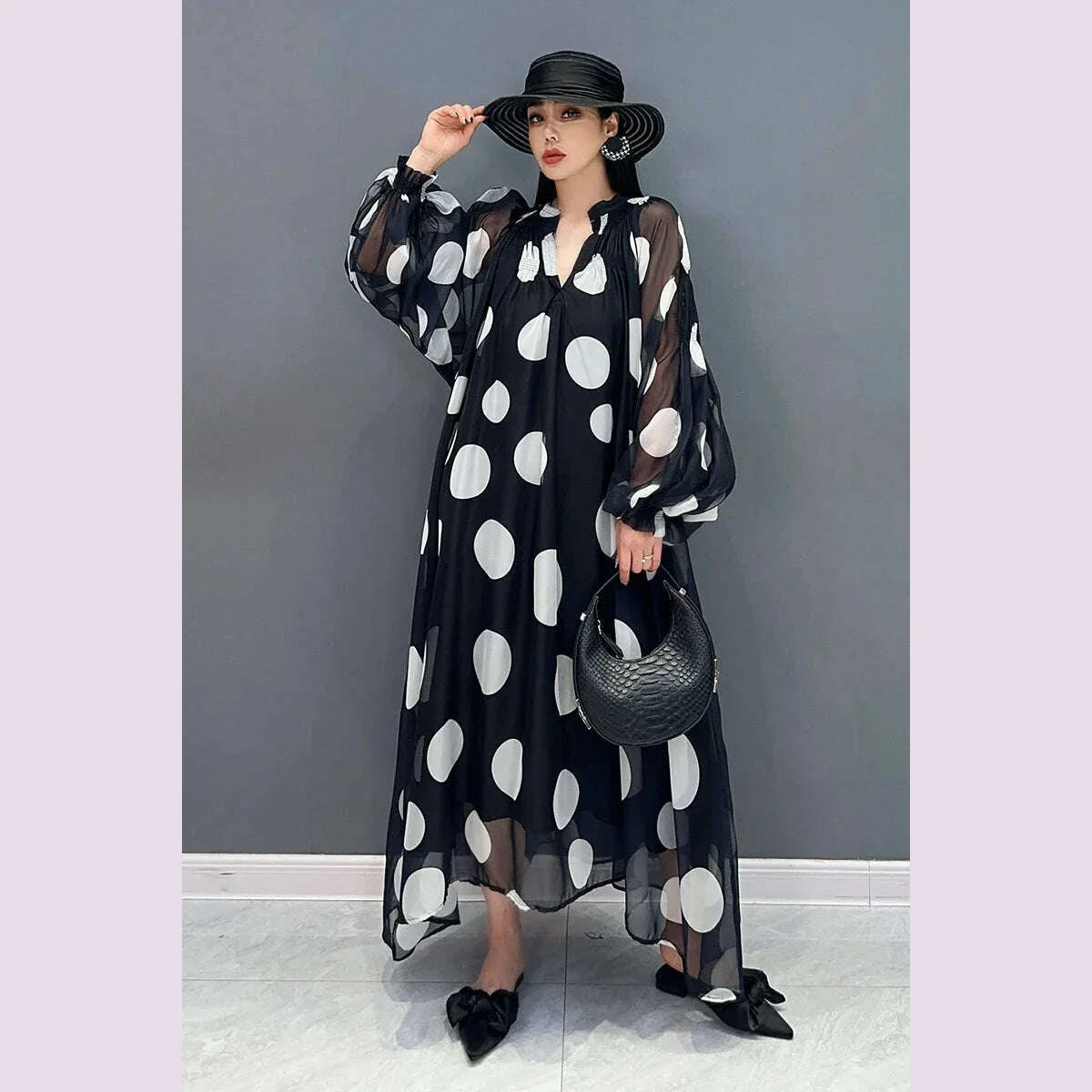 Vefadisa 2025 Summer New Dress Chiffon Printed Polka Dot Puff Sleeves V-neck Long Dress Loose And Elegant HLX007