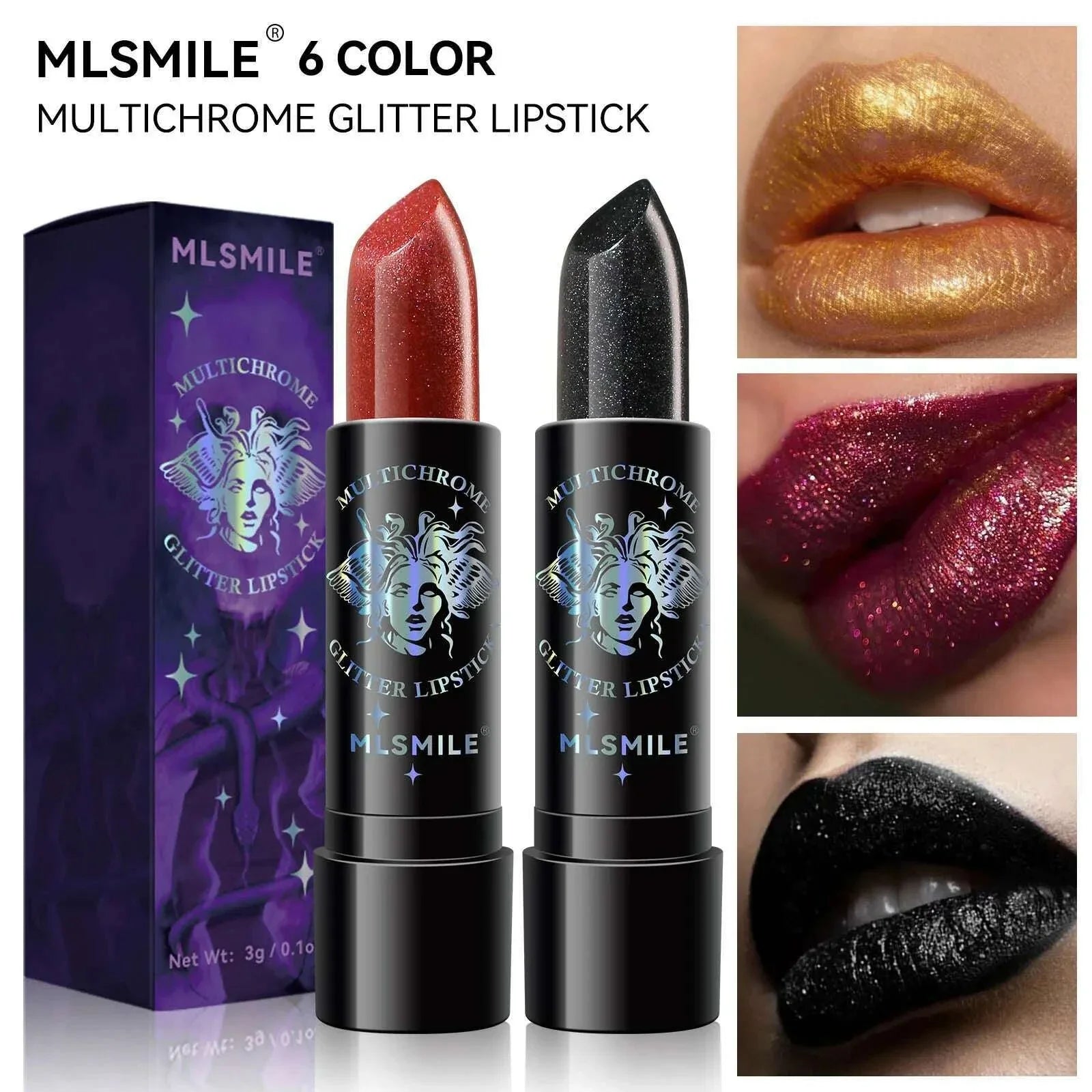 6Colors Glitter Lipstick Waterproof Long Lasting Diamond Pearlescent Metallic Lipstick Black Lipgloss Women Lips Makeup Cosmetic